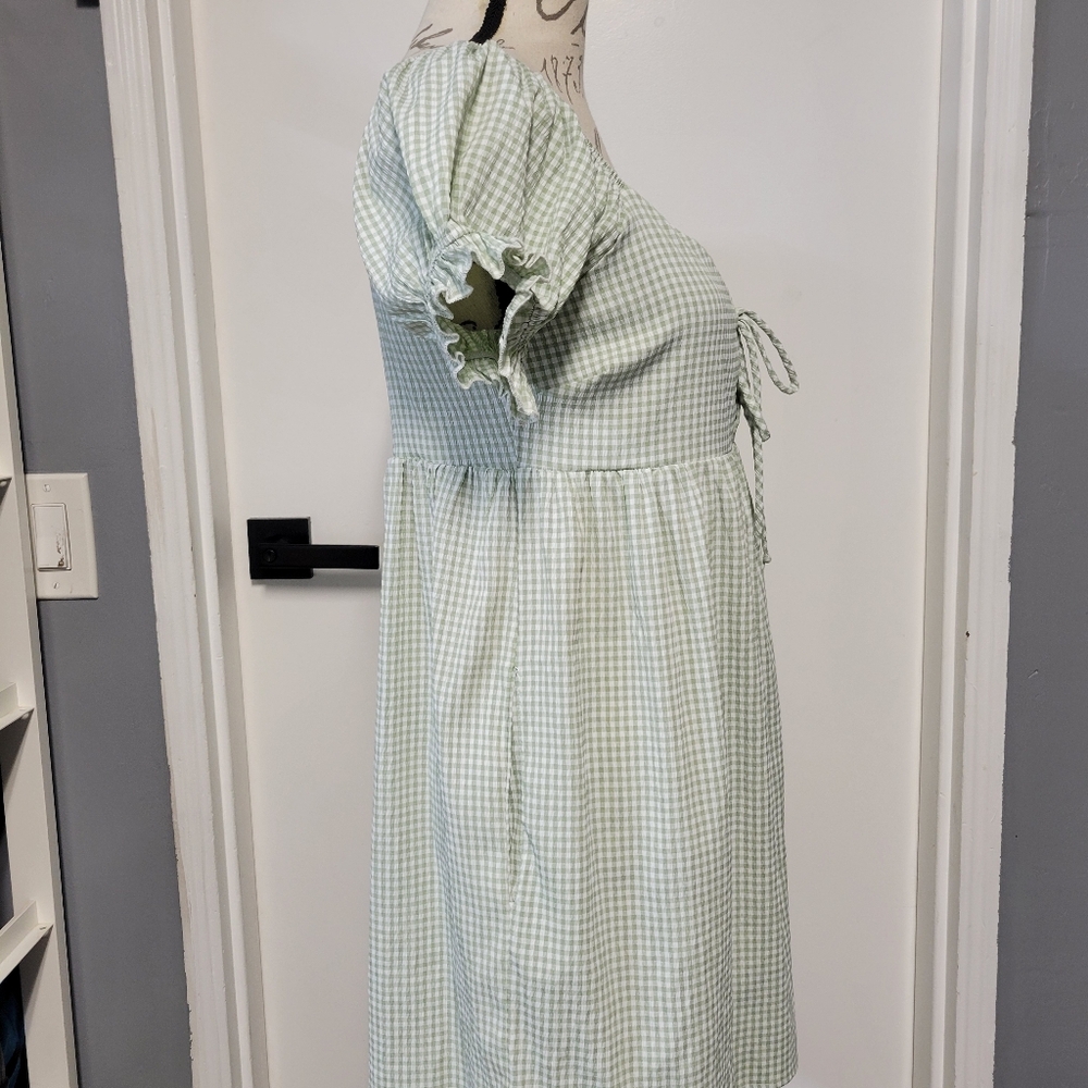 Lisa Says Gah Lily Green White Gingham Mini Dress with Puff Sleeves Babydoll XS - Picture 5 of 9